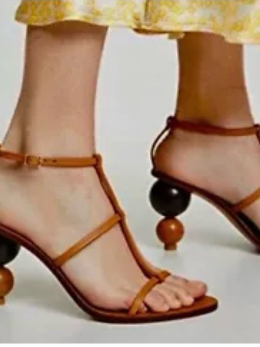 cult gaia Tan and Black Sculptural Ball-Heel T-Strap Sandals